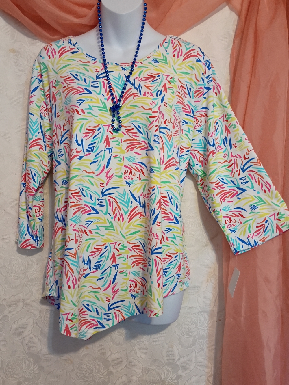 Lulu-B Ladies White Multicolor Leaf-Print Tunic Top Sz XL
